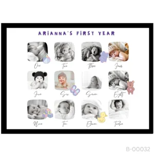 Baby Milestone Photo Frame – Colorful Toy Icons & Monthly Script – 1st Birthday Gift