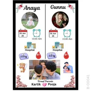 Twins Baby Birth Stats Frame – Personalized Weight, Time & Blood Group