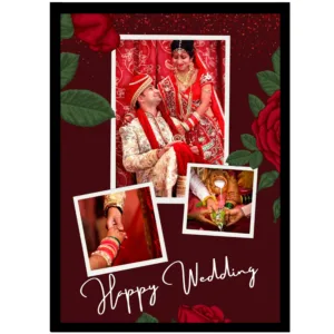 Romantic Red Rose Wedding Frame – Personalized A4 Collage (3 Photos) – Anniversary Gift for Couple
