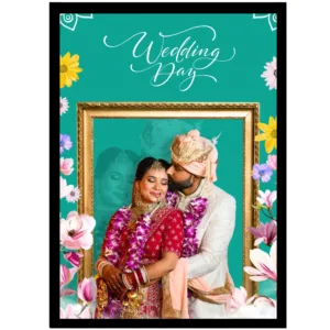 Teal Green Wedding Photo Frame – Antique Gold Border Design – Personalized A4 Gift with Flowers