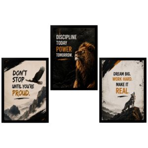 Set of 3 Motivational Quote Wall Frames | Lion, Eagle & Wolf Inspirational Wall Art | Modern Office, Study Room & Home Decor Photo Frames (9x13 Inch)