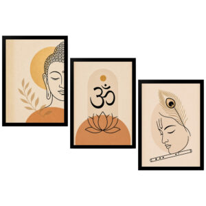Set of 3 Minimalist Spiritual Wall Art Frames | Buddha, Om & Lord Krishna Premium Wall Decor | Modern Photo Frames for Living Room, Bedroom, Office, Meditation & Home Temple (9x13 Inch)