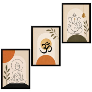 Set of 3 Minimalist Spiritual Wall Art Frames | Buddha, Om & Lord Ganesha Premium Photo Frames | Modern Home Decor for Living Room, Bedroom, Office & Meditation Space (9x13 Inch)